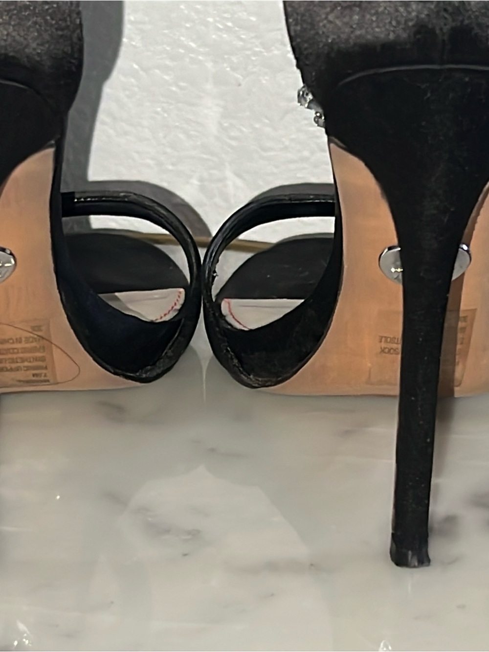 Betsy Johnson rhinestone black satin stiletto sandal ankle strap 7.5 - Picture 7 of 11